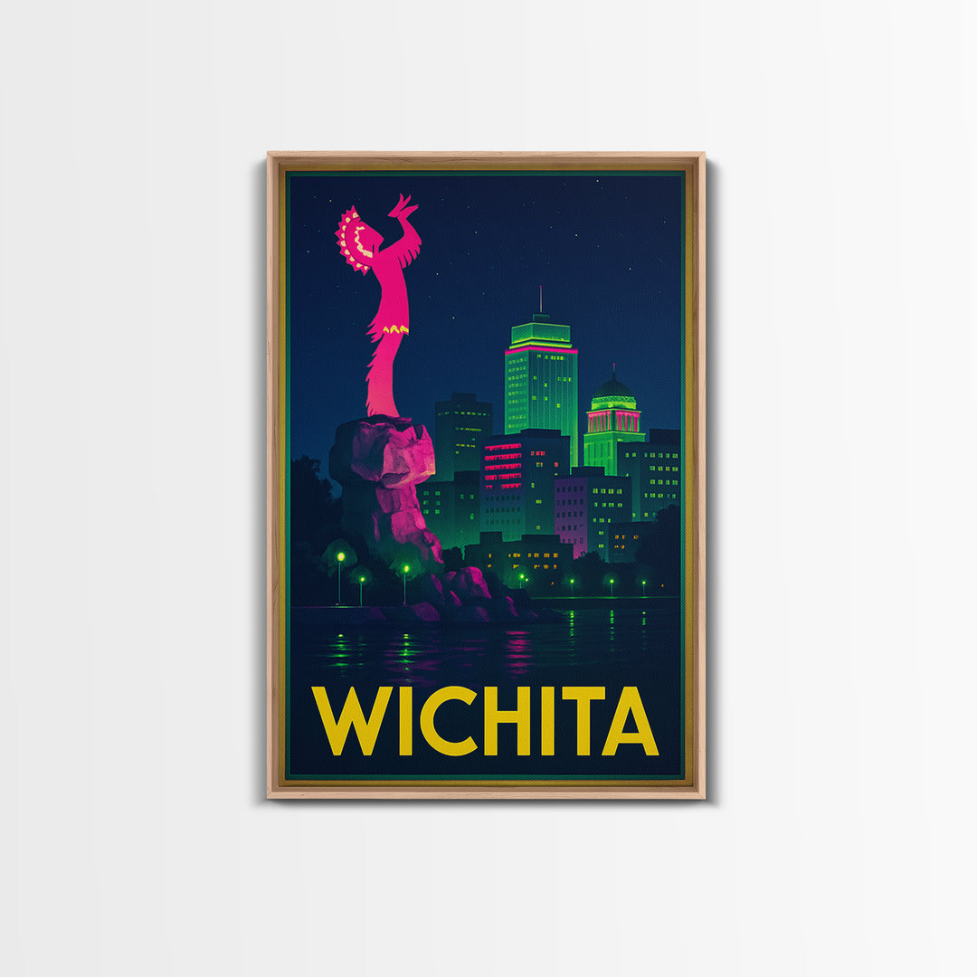Wichita Kansas Travel Poster, Canvas Print, Retro Neon Travel Art, Wichita Print, City Poster, Travel Wall Art, Watercolor Urban Skyline