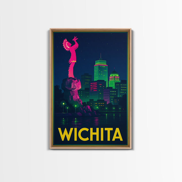 Wichita Kansas Travel Poster, Canvas Print, Retro Neon Travel Art, Wichita Print, City Poster, Travel Wall Art, Watercolor Urban Skyline