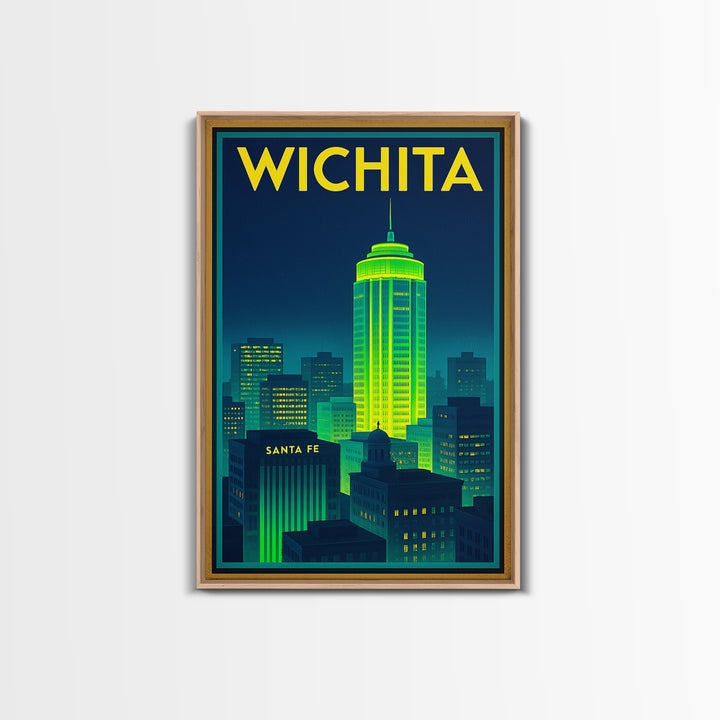 Wichita Travel Poster, Framed Canvas Print, Cyberpunk Style City Art, Wichita Art Print, Living Room Wall Art, City Travel Prints