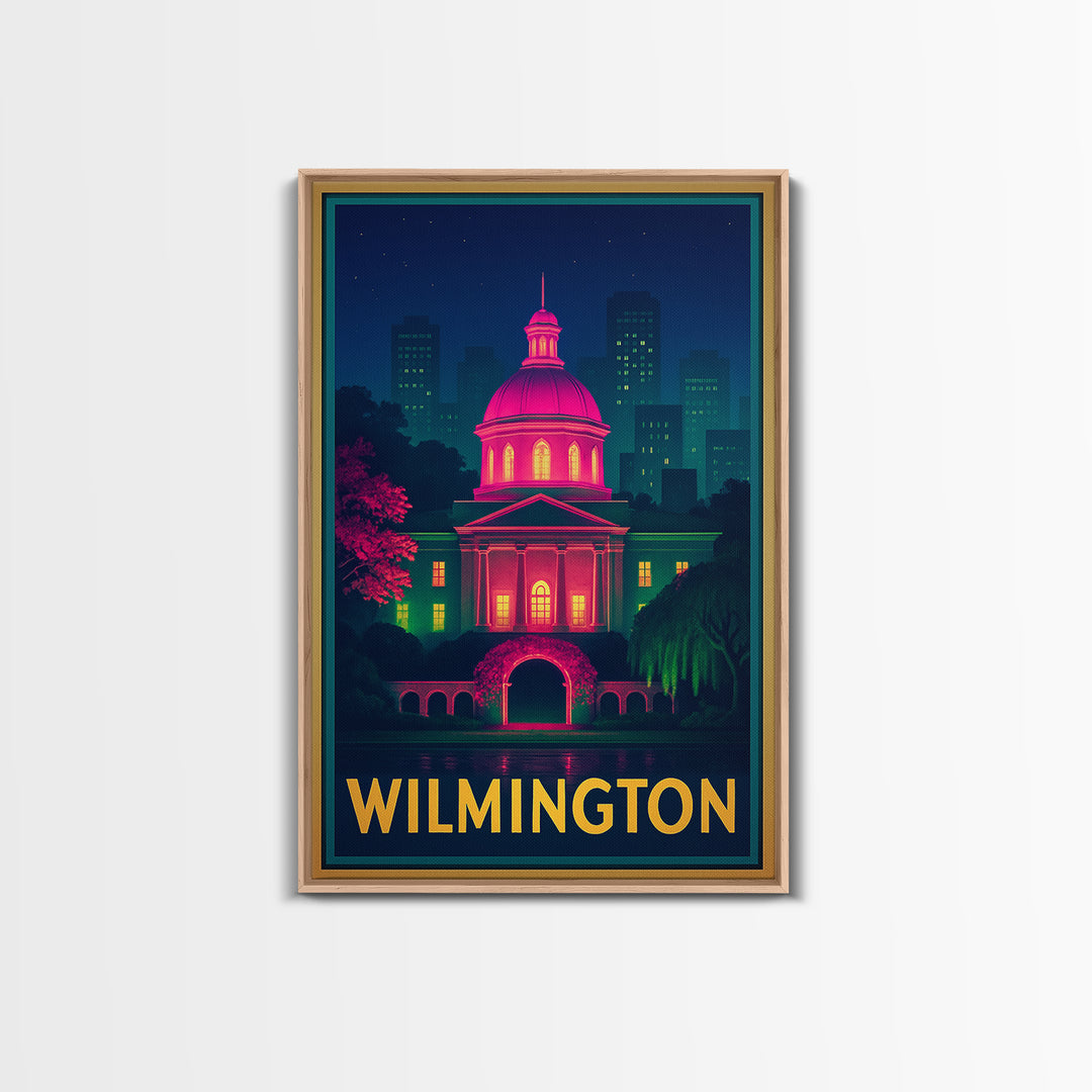 Wilmington North Carolina Travel Poster, Framed Canvas Print, Retro Neon Travel Art, Wilmington Travel Art, City Art Print, Vintage City Art