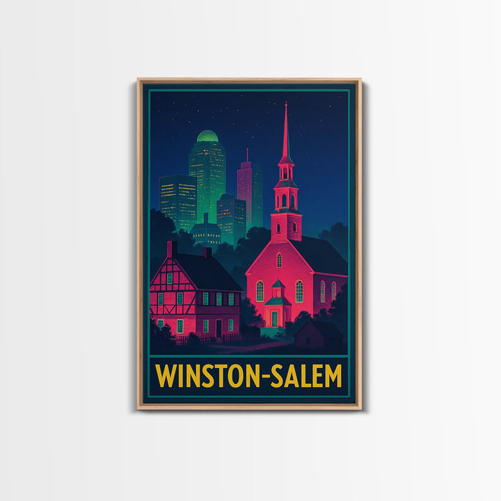Winston Salem North Carolina Travel Poster, Canvas Print, Retro Neon Travel Art, Winston Salem Art Print, Watercolor Urban Skyline