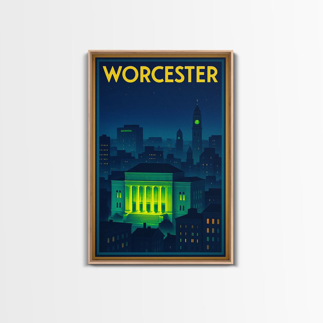 Worcester Travel Poster, Framed Canvas Print, Neon Skyline Art Wall Art, Worcester Travel Art, Vintage Travel Print, Vintage City Poster