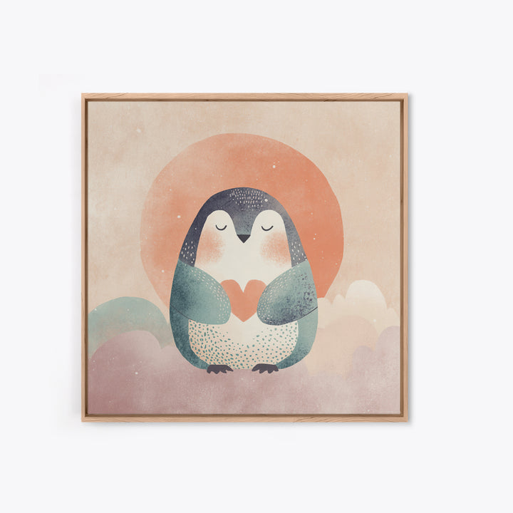 Penguin Holding a Little Heart Shape Canvas Print, Nursery Art, Watercolor Print, Nursery Decor, Abstract Art, Nursery, NUR-1x1-10