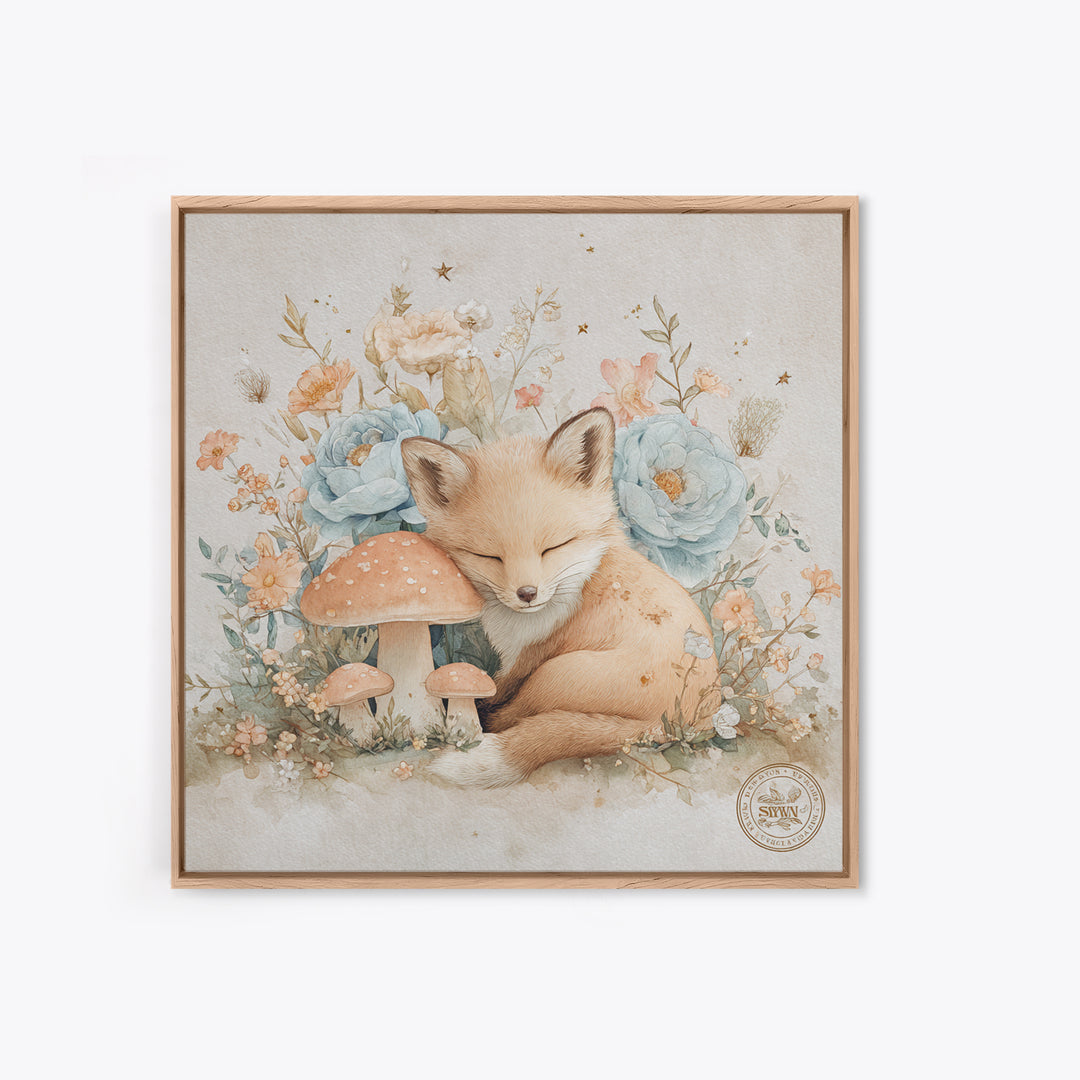 Woodland Fox Tucked Framed Canvas Print, Nursery Art, Whimsical Wall Art, Nursery Decor, Watercolor Art, Nursery, NUR-1x1-100