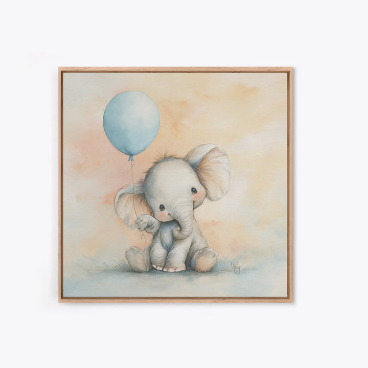Sleepy Baby Elephant Holding a Tiny Balloon Canvas Print, Nursery Art, Neutral Decor, Nursery Decor, Fine Art, Nursery, NUR-1x1-25