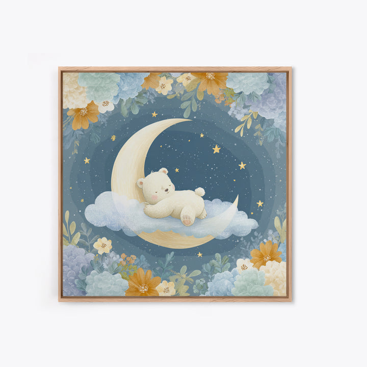 Baby Bear Floating on a Crescent Moon Canvas Print, Nursery Art, Kids Wall Decor, Nursery Decor, Oil Painting, Nursery, NUR-1x1-30