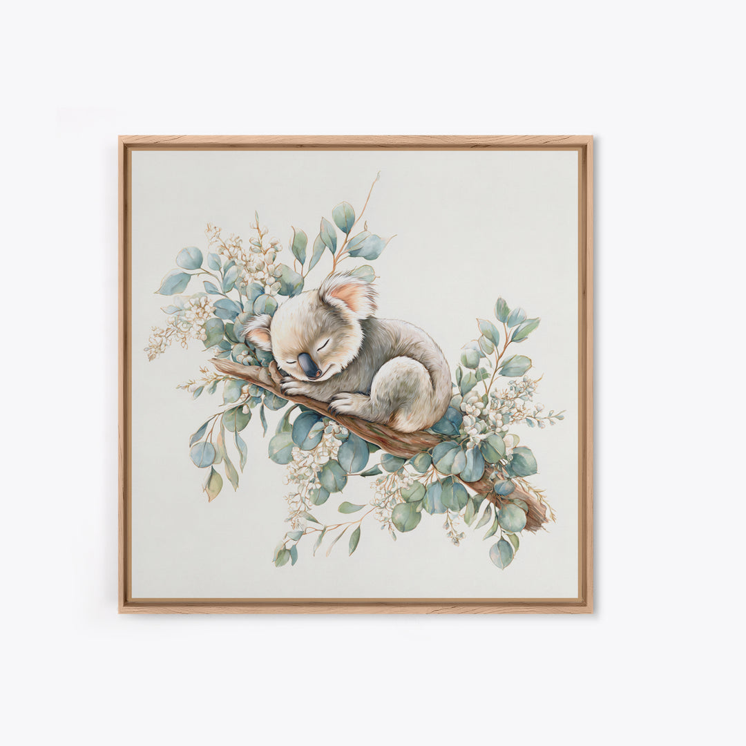 Sleeping Koala on Eucalyptus Branch Framed Canvas Print, Nursery Art, Whimsical Wall Art, Nursery Decor, Fine Art, Nursery, NUR-1x1-37
