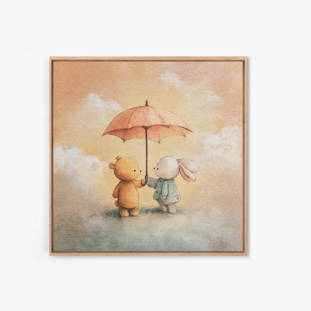 Bear and Rabbit Sharing Umbrella Framed Canvas Print, Nursery Art, Home Decor, Nursery Decor, Fine Art, Nursery, NUR-1x1-41