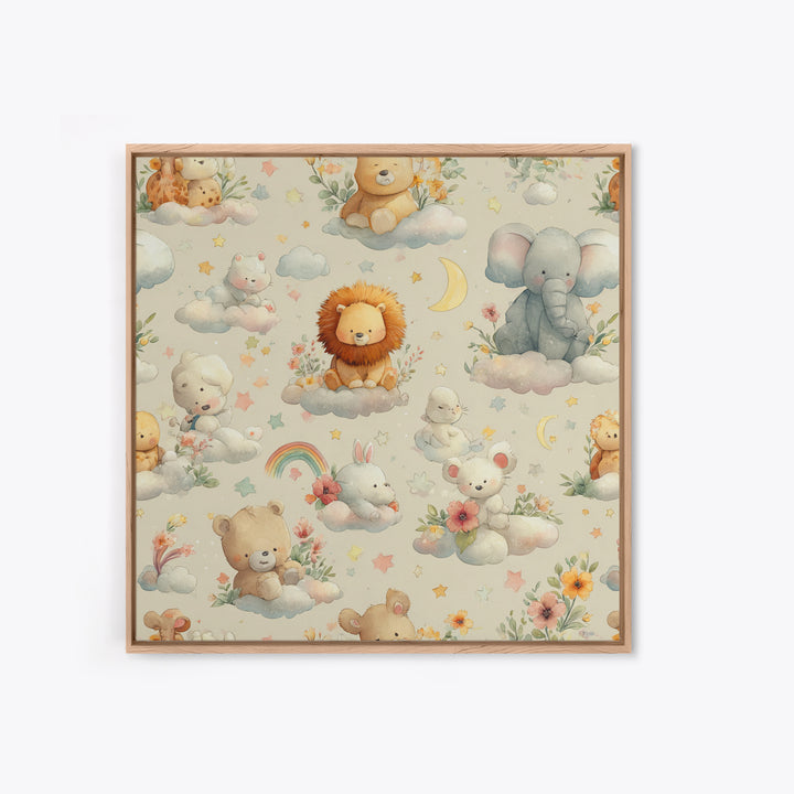 Pastel Jungle Animals Framed Canvas Print, Nursery Art, Baby Girl Nursery, Nursery Decor, Abstract Art, Nursery, Fine Art Print, NUR-1x1-42
