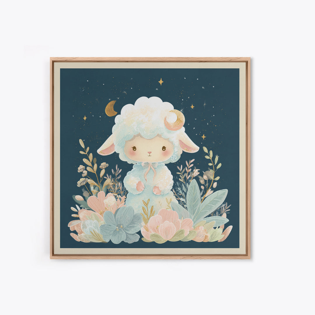 Little Lamb under a Starry Sky Framed Canvas Print, Nursery Art, Woodland Nursery, Nursery Decor, Oil Painting, Nursery, NUR-1x1-43