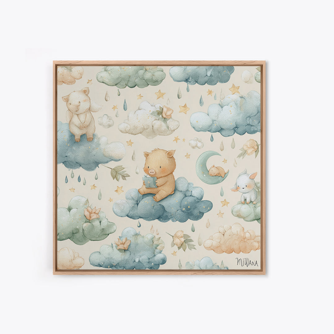 Clouds and Raindrops Framed Canvas Print, Nursery Art, Playroom Wall Art, Nursery Decor, Fine Art, Nursery, Statement Artwork, NUR-1x1-46