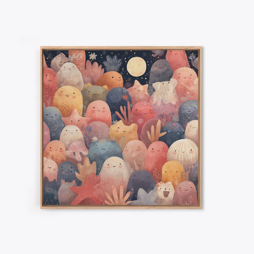 Friendly Ocean Creatures Framed Canvas Print, Nursery Art, Art Print, Nursery Decor, Oil Painting, Nursery 048, Wall Art Set of, NUR-1x1-48