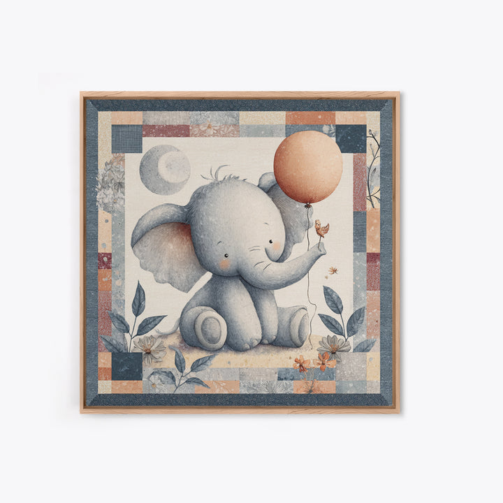 Sleepy Baby Elephant Holding a Tiny Balloon Canvas Print, Nursery Art, Neutral Decor, Nursery Decor, Fine Art, Nursery, NUR-1x1-49