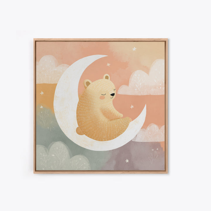 Baby Bear Floating on a Crescent Moon Canvas Print, Nursery Art, Kids Wall Decor, Nursery Decor, Oil Painting, Nursery, NUR-1x1-54