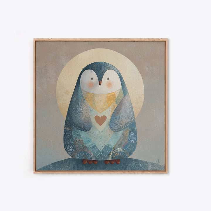 Penguin Holding a Little Heart Shape Framed Canvas Print, Nursery Art, Kids Room Wall Art, Nursery Decor, Abstract Art, Nursery, NUR-1x1-58