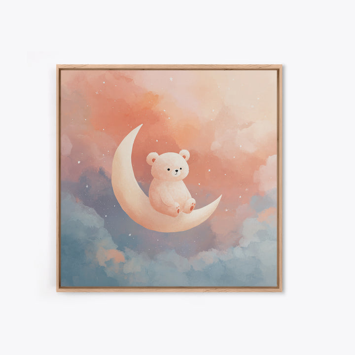 Baby Bear Floating on a Crescent Moon Framed Canvas Print, Nursery Art, Woodland Nursery, Nursery Decor, Watercolor Art, NUR-1x1-6