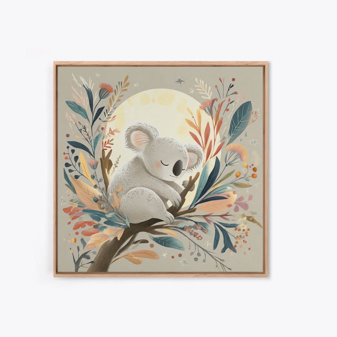 Sleeping Koala on Eucalyptus Branch Framed Canvas Print, Nursery Art, Whimsical Wall Art, Nursery Decor, Fine Art, Nursery, NUR-1x1-61