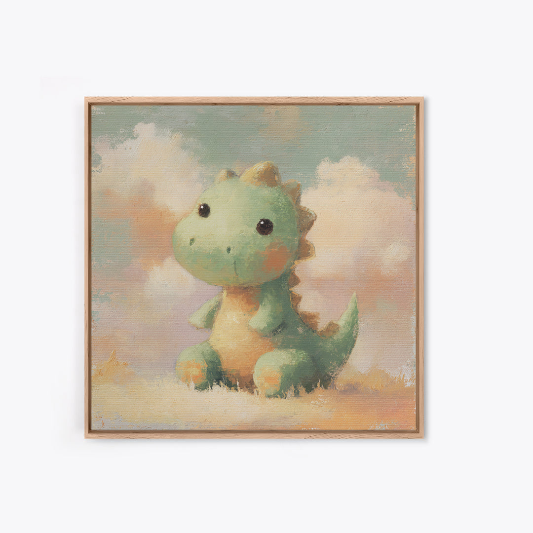 Tiny Dinosaur with Friendly Expression Framed Canvas Print, Nursery Art, Whimsical Wall Art, Nursery Decor, Fine Art, Nursery, NUR-1x1-63
