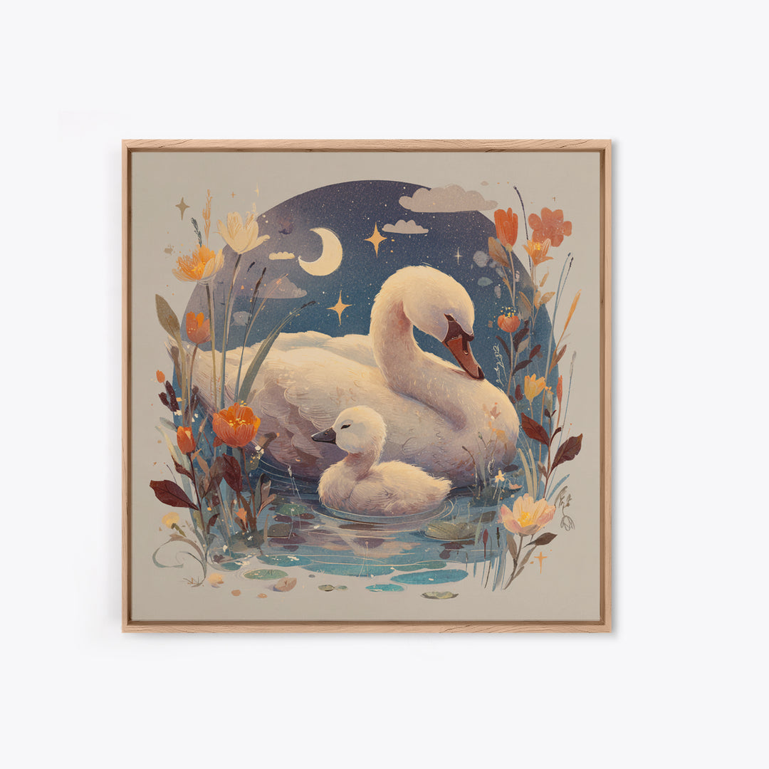 Swan and Cygnet Framed Canvas Print, Nursery Art, Digital Download Art, Nursery Decor, Fine Art, Nursery, Whimsical Wall Art, NUR-1x1-64