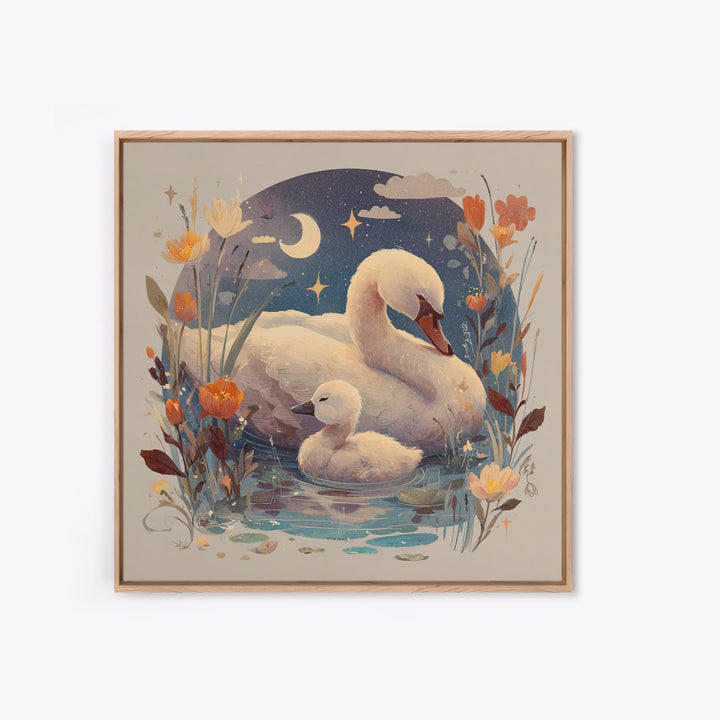 Swan and Cygnet Framed Canvas Print, Nursery Art, Digital Download Art, Nursery Decor, Fine Art, Nursery, Whimsical Wall Art, NUR-1x1-64