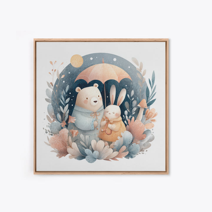 Bear and Rabbit Sharing Umbrella Framed Canvas Print, Nursery Art, Home Decor, Nursery Decor, Fine Art, Nursery, NUR-1x1-65