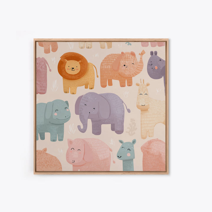 Pastel Jungle Animals Framed Canvas Print, Nursery Art, Baby Girl Nursery, Nursery Decor, Abstract Art, Nursery, Fine Art Print, NUR-1x1-66