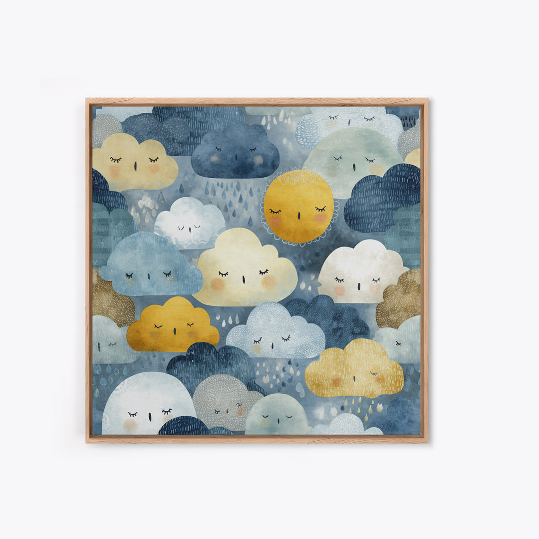Clouds and Raindrops Framed Canvas Print, Nursery Art, Playroom Wall Art, Nursery Decor, Fine Art, Nursery, Statement Artwork, NUR-1x1-70