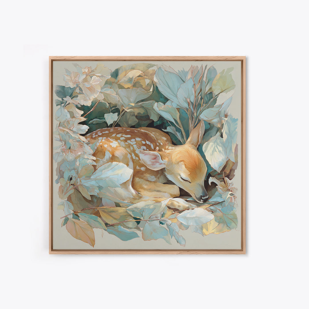 Deer Fawn Sleeping Framed Canvas Print, Nursery Art, Kids Room Wall Art, Nursery Decor, Fine Art, Nursery, Luxury Decor, NUR-1x1-71