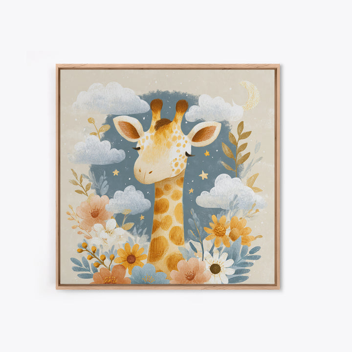 Gentle Giraffe with Pastel Flowers Framed Canvas Print, Nursery Art, Whimsical Wall Art, Nursery Decor, Watercolor Art, Nursery, NUR-1x1-74