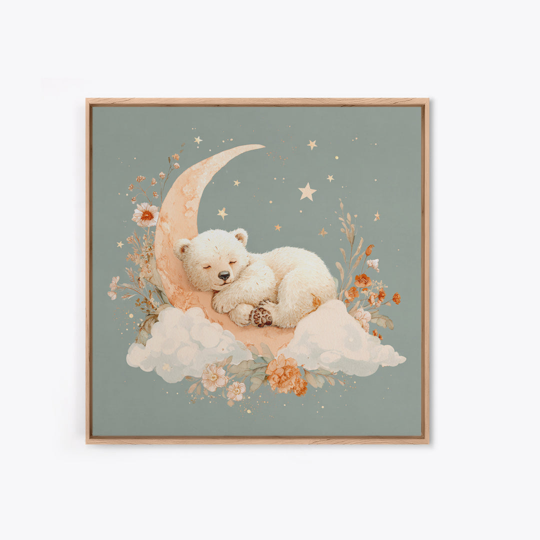 Baby Bear Floating on a Crescent Moon Framed Canvas Print, Nursery Art, Home Decor, Nursery Decor, Fine Art, Nursery, NUR-1x1-78