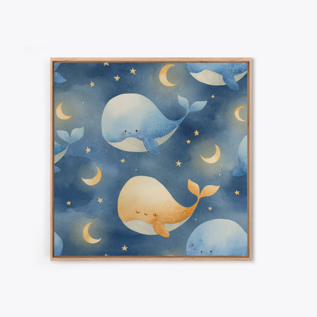 Whale and Tiny Stars Framed Canvas Print, Nursery Art, Neutral Decor, Nursery Decor, Fine Art, Nursery, Wall Decor, Art Print, NUR-1x1-80