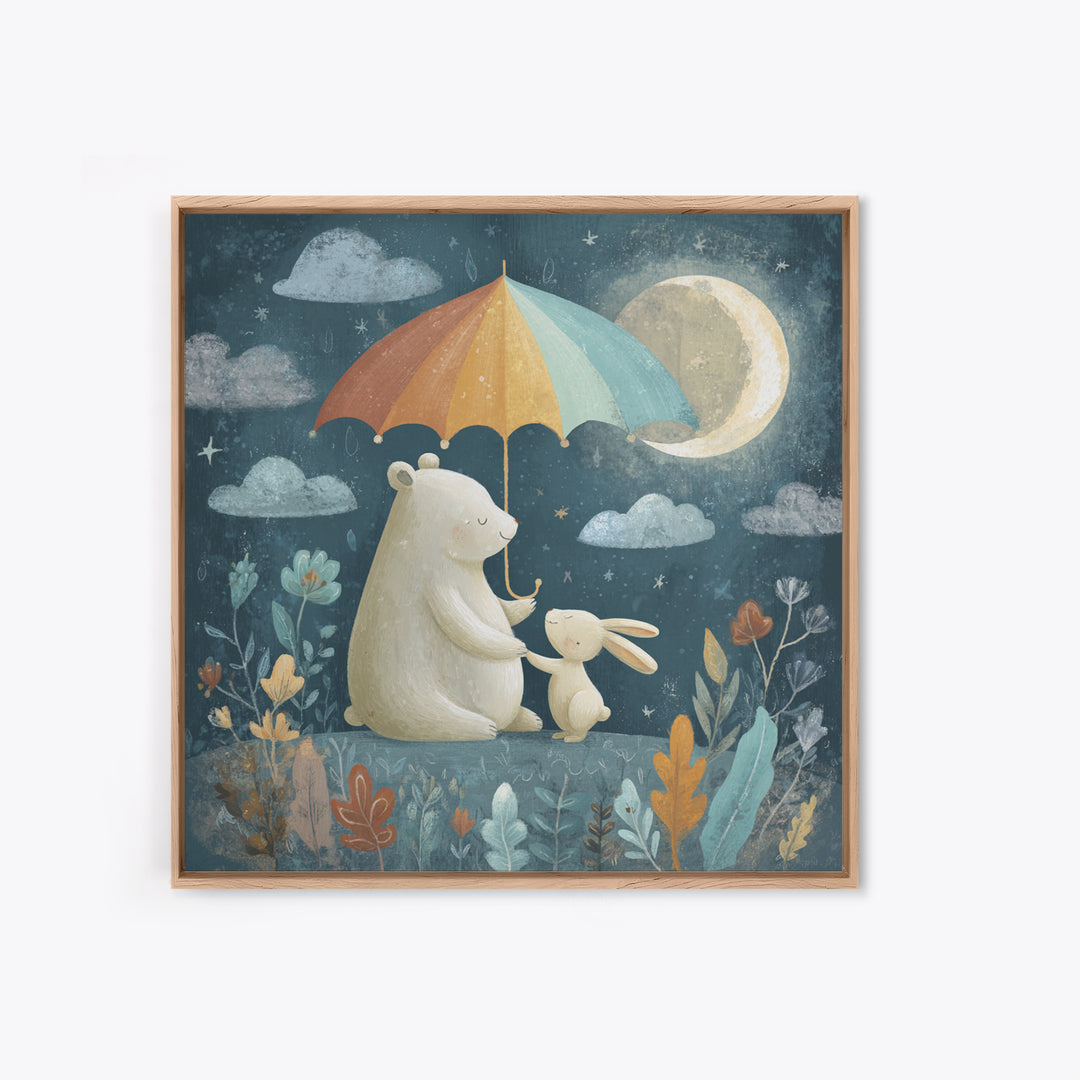 Bear and Rabbit Sharing Umbrella Canvas Print, Nursery Art, Boho Decor, Nursery Decor, Fine Art, Nursery, Wall Hangings, NUR-1x1-89