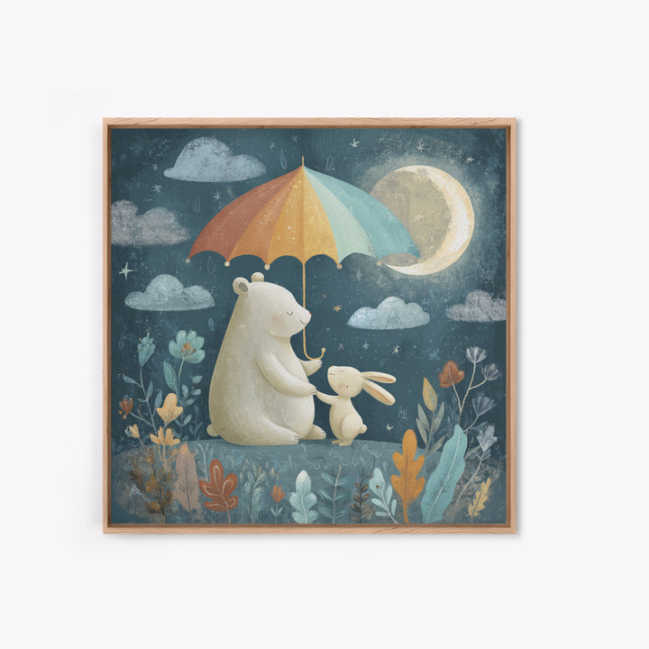Bear and Rabbit Sharing Umbrella Canvas Print, Nursery Art, Boho Decor, Nursery Decor, Fine Art, Nursery, Wall Hangings, NUR-1x1-89