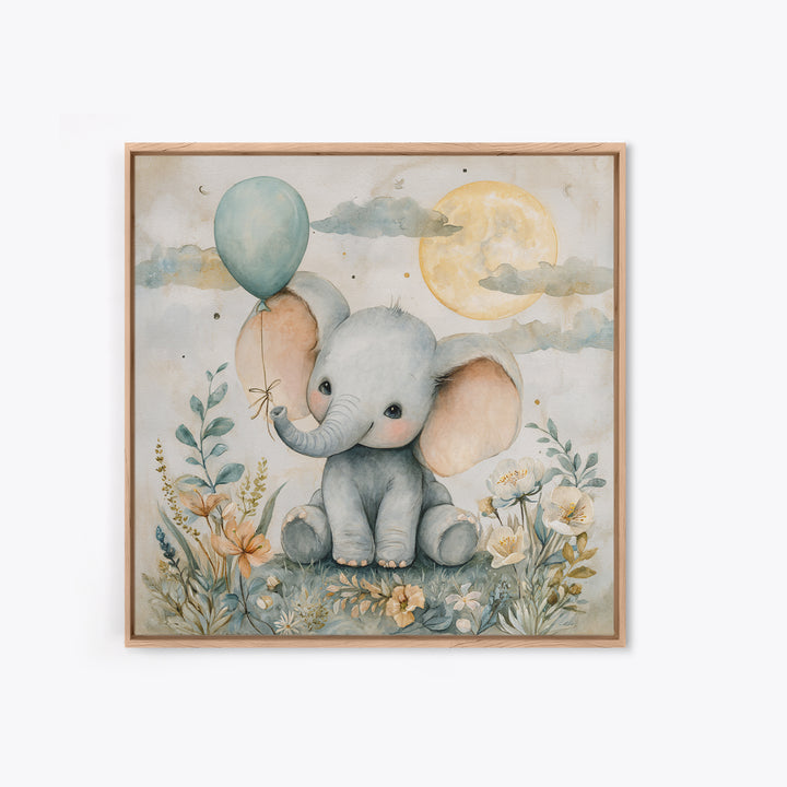 Sleepy Baby Elephant Holding a Tiny Balloon Canvas Print, Nursery Art, Wall Art, Nursery Decor, Oil Painting, Nursery, NUR-1x1-97