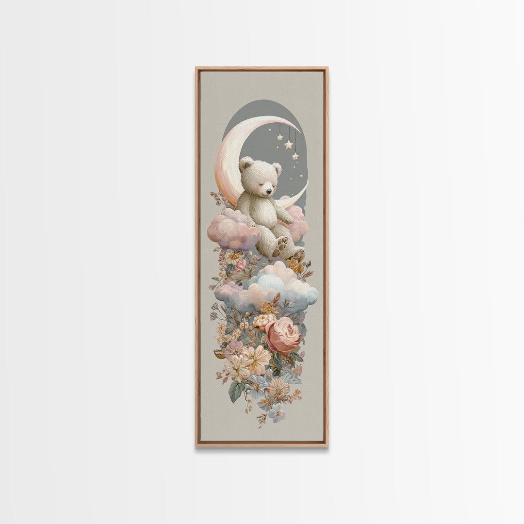 Baby Bear Floating on a Crescent Moon Canvas Print, Nursery Art, Dinosaur Wall Art, Nursery Decor, Fine Art, Nursery, NUR-1x3-18