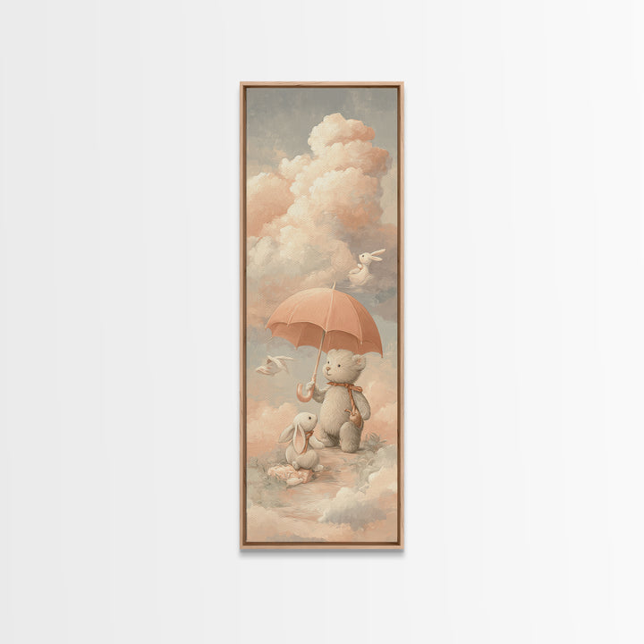 Bear and Rabbit Sharing Umbrella Framed Canvas Print, Nursery Art, Neutral Decor, Nursery Decor, Fine Art, Nursery, Wall Decor, NUR-1x3-29