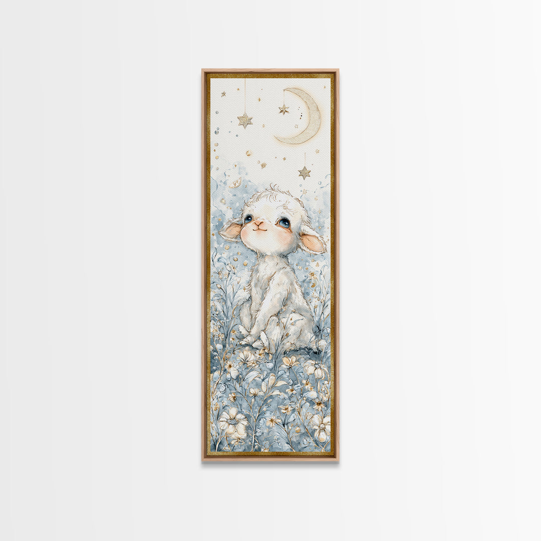 Little Lamb under a Starry Sky Framed Canvas Print, Nursery Art, Wall Hangings, Nursery Decor, Watercolor Art, Nursery, NUR-1x3-31