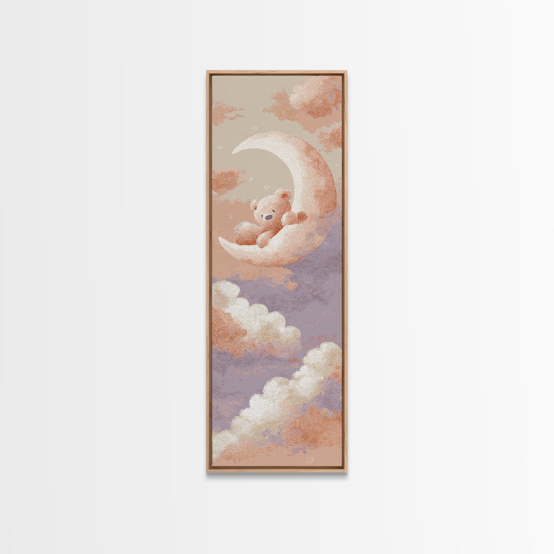 Baby Bear Floating on a Crescent Moon Canvas Print, Nursery Art, Dinosaur Wall Art, Nursery Decor, Fine Art, Nursery, NUR-1x3-42