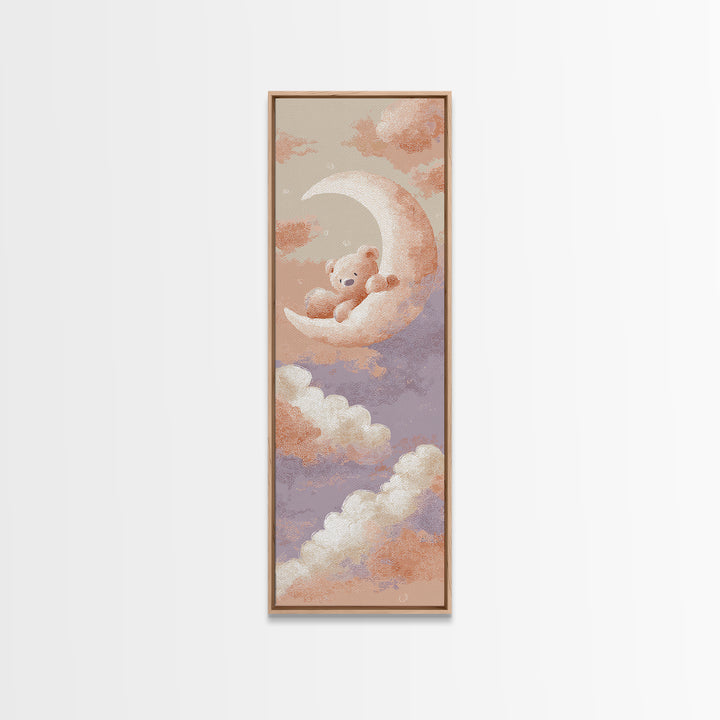 Baby Bear Floating on a Crescent Moon Canvas Print, Nursery Art, Dinosaur Wall Art, Nursery Decor, Fine Art, Nursery, NUR-1x3-42