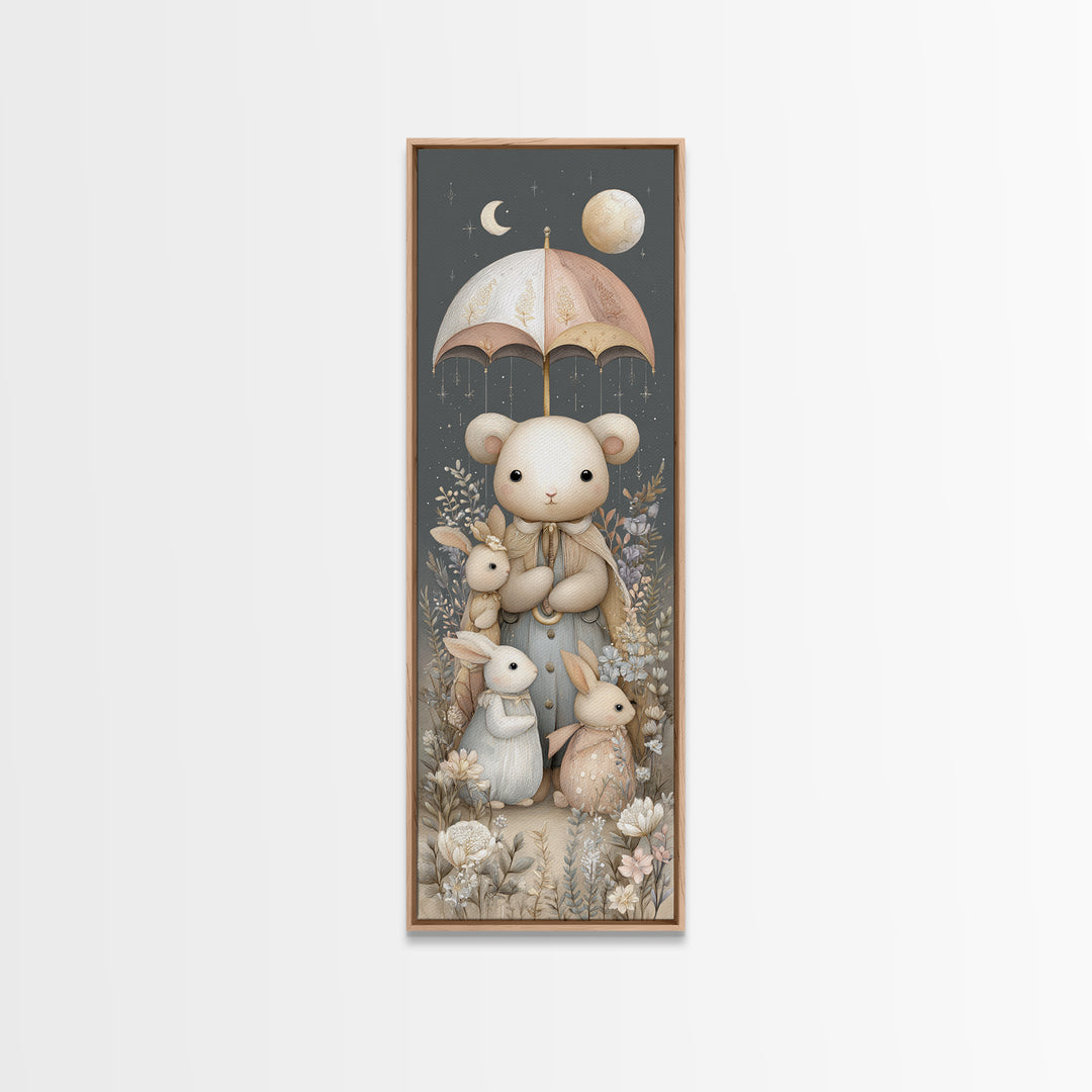 Bear and Rabbit Sharing Umbrella Canvas Print, Nursery Art, Dinosaur Wall Art, Nursery Decor, Fine Art, Nursery, Room Decor, NUR-1x3-5