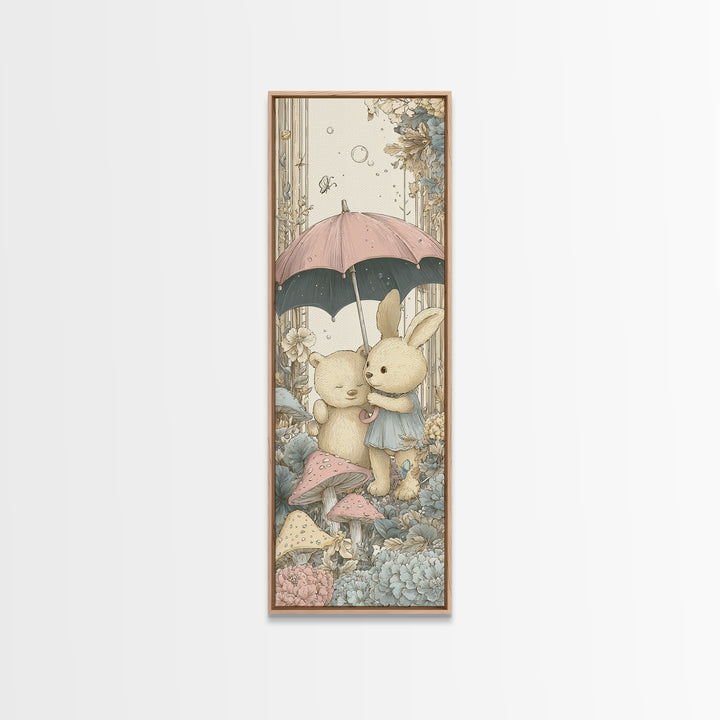 Bear and Rabbit Sharing Umbrella Framed Canvas Print, Nursery Art, Neutral Decor, Nursery Decor, Fine Art, Nursery, Wall Decor, NUR-1x3-53
