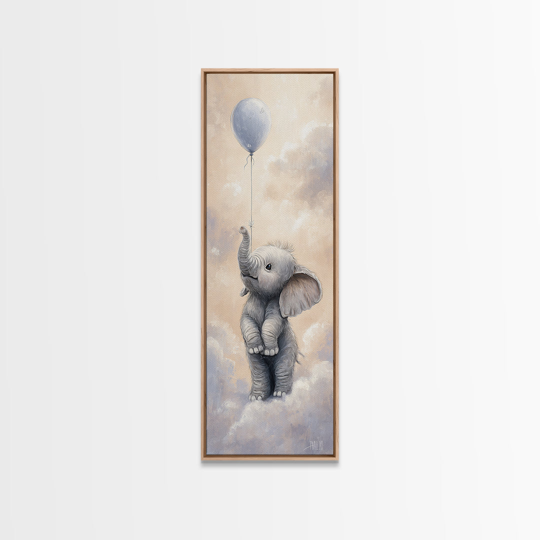 Sleepy Baby Elephant Holding a Tiny Balloon Framed Canvas Print, Nursery Art, Textured Painting, Nursery Decor, Nursery, NUR-1x3-61