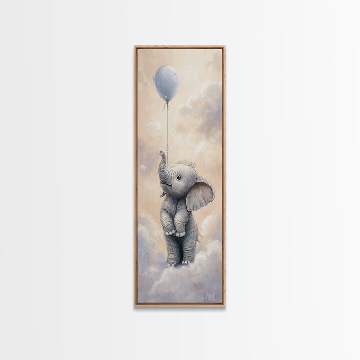 Sleepy Baby Elephant Holding a Tiny Balloon Framed Canvas Print, Nursery Art, Textured Painting, Nursery Decor, Nursery, NUR-1x3-61