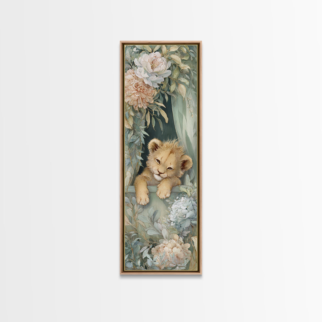Lion Cub with Soft Golden Mane Framed Canvas Print, Nursery Art, Boho Decor, Nursery Decor, Oil Painting, Nursery, NUR-1x3-69