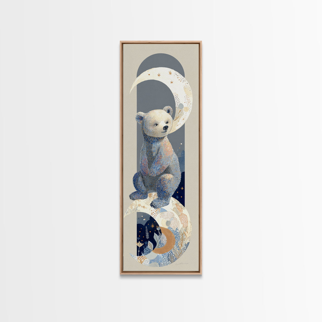 Baby Bear Floating on a Crescent Moon Canvas Print, Nursery Art, Luxury Decor, Nursery Decor, Oil Painting, Nursery, NUR-1x3-90