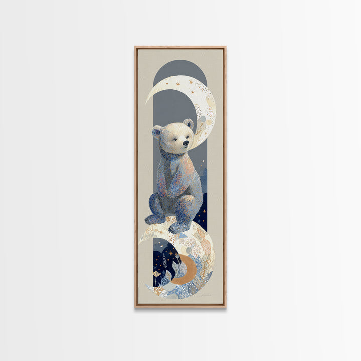 Baby Bear Floating on a Crescent Moon Canvas Print, Nursery Art, Luxury Decor, Nursery Decor, Oil Painting, Nursery, NUR-1x3-90