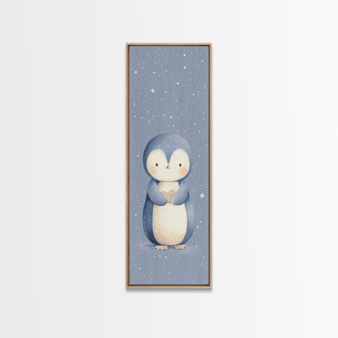 Penguin Holding a Little Heart Shape Canvas Print, Nursery Art, Modern Decor, Nursery Decor, Abstract Art, Nursery, Art Print, NUR-1x3-94