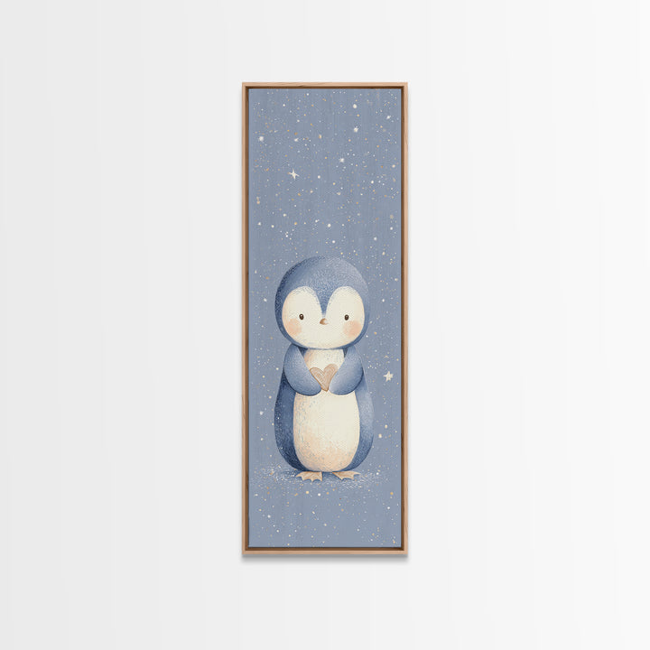Penguin Holding a Little Heart Shape Canvas Print, Nursery Art, Modern Decor, Nursery Decor, Abstract Art, Nursery, Art Print, NUR-1x3-94
