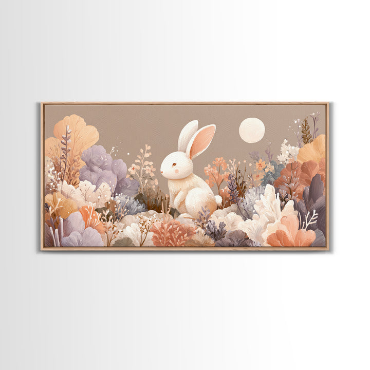Soft Bunny in a Wildflower Meadow Framed Canvas Print, Nursery Art, Wall Decor, Nursery Decor, Oil Painting, Nursery, NUR-2x1-1