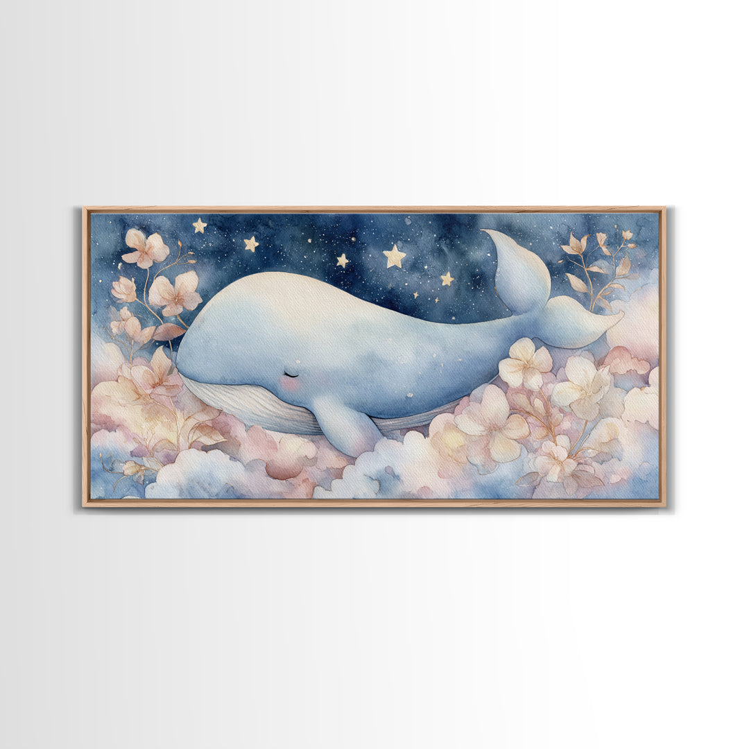 Whale and Tiny Stars Framed Canvas Print, Nursery Art, Playroom Wall Decor, Nursery Decor, Fine Art, Nursery, Modern Decor, NUR-2x1-100